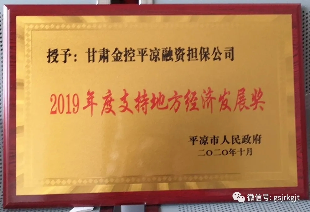 金控平?jīng)鰮?dān)保榮獲2019年度 “支持地方經(jīng)濟(jì)發(fā)展獎”